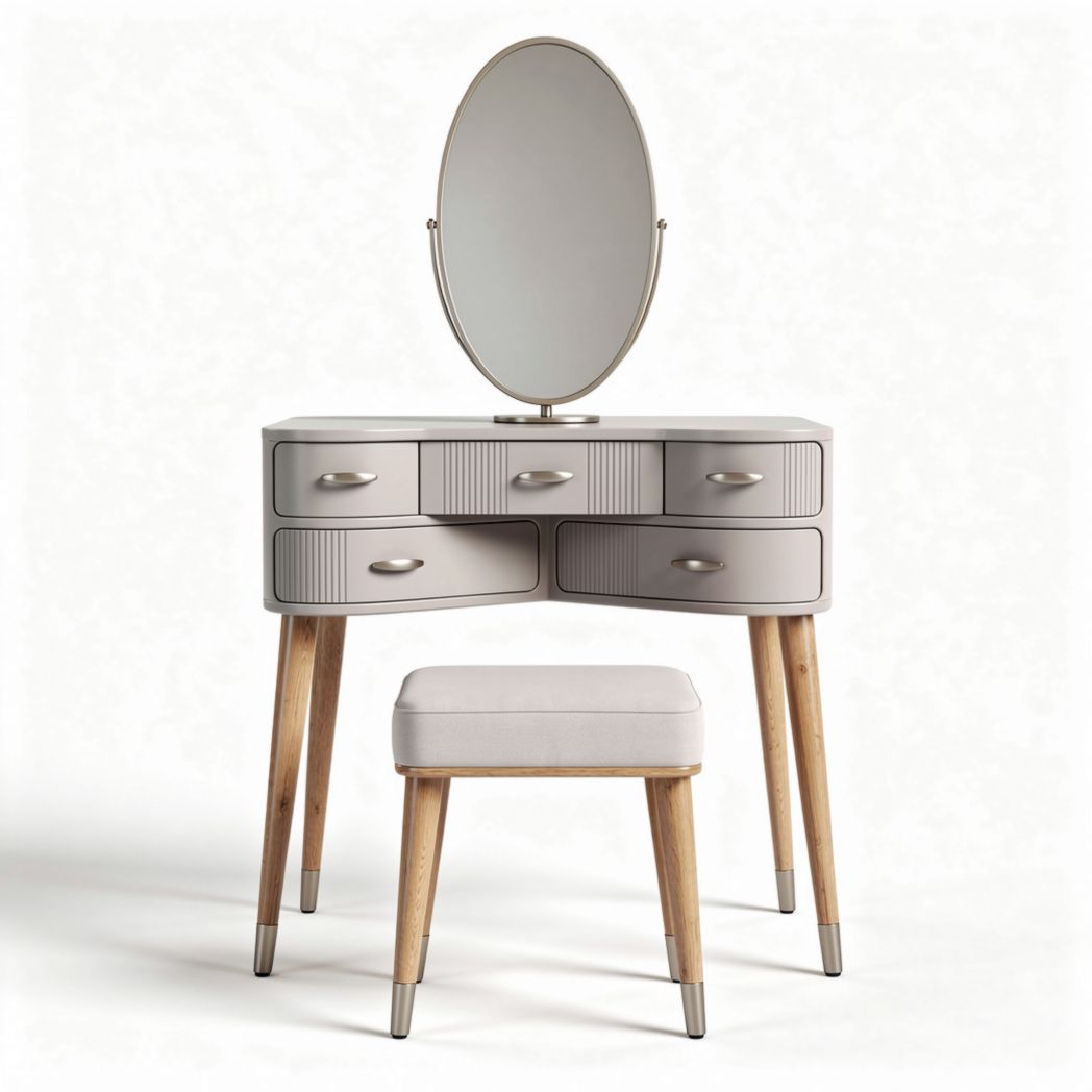 Coiffeuse en bois avec miroir ovale et tabouret rembourré 80 x 40 x 75cm