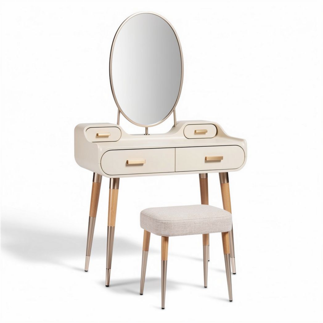 Coiffeuse moderne en bois avec miroir ovale et tabouret rembourré 75 x 40 x 150cm