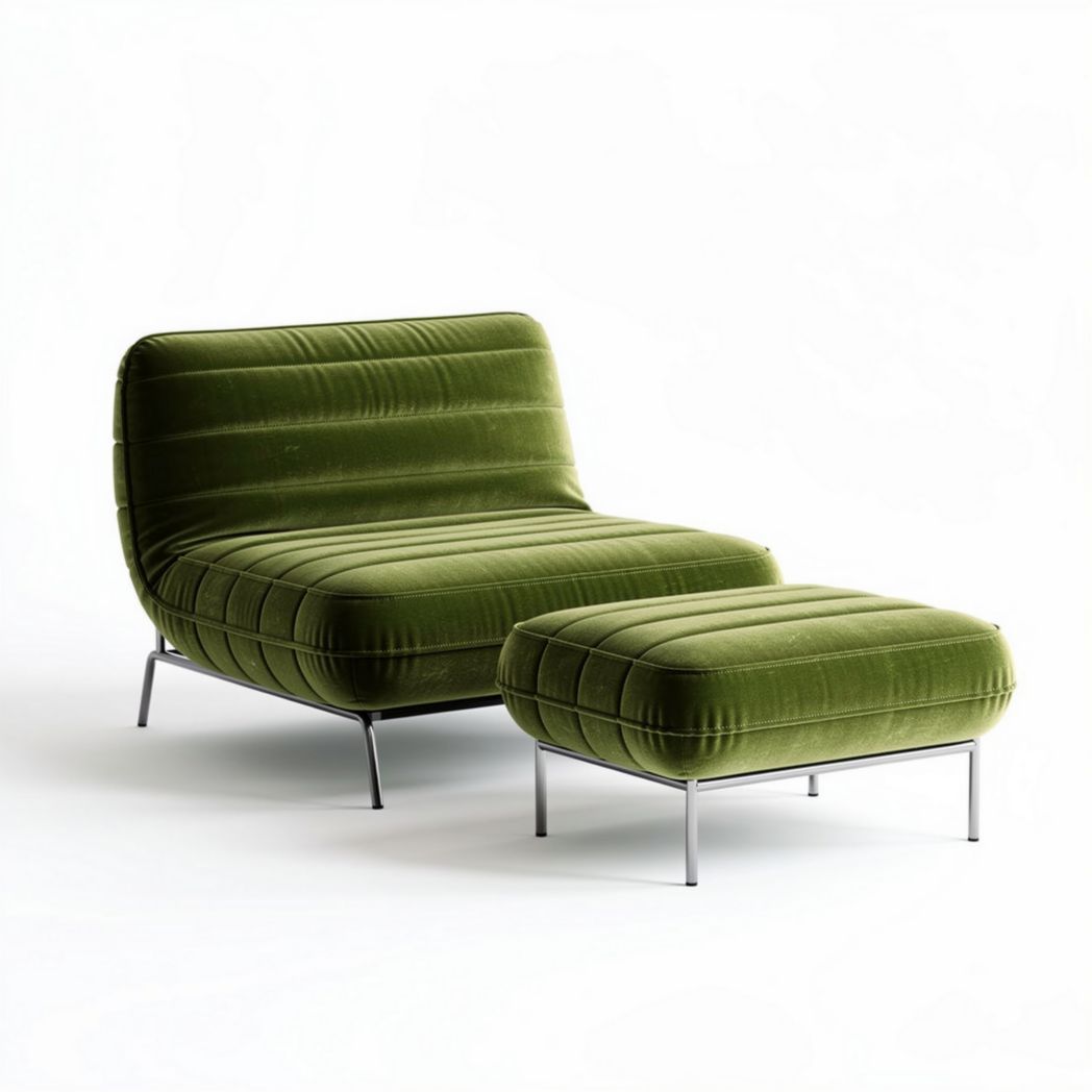 Canapé en velours vert accompagné d'un repose-pieds 90 x 80 x 70cm