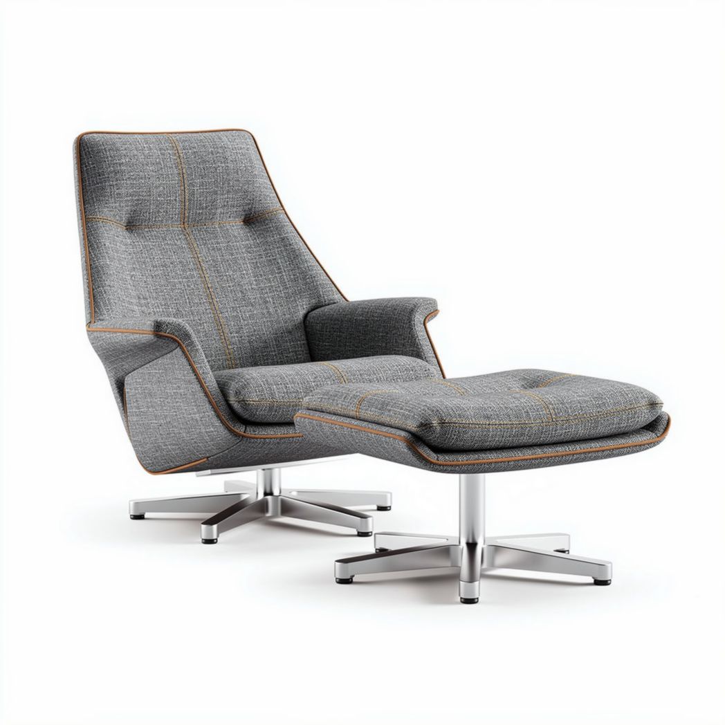 Fauteuil avec repose-pieds en tissu gris et pied en métal chromé 80 x 80 x 100cm