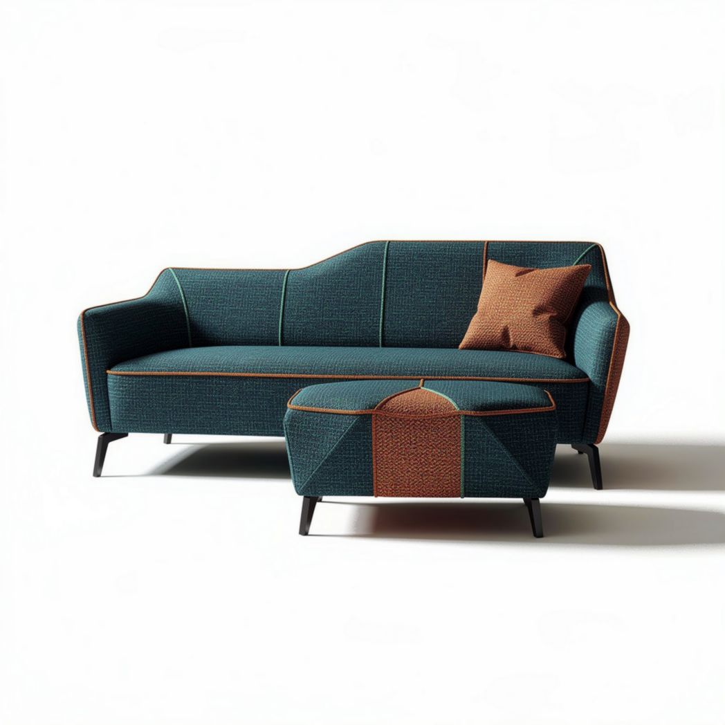 Canapé en tissu bleu canard avec pouf assorti dimensions 180 x 85 x 75cm